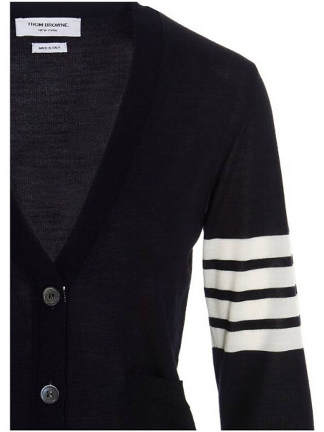 Sustainable Fine Merino Wool 4-Bar Relaxed Fit V-Neck Cardigan Navy - THOM BROWNE - BALAAN 4