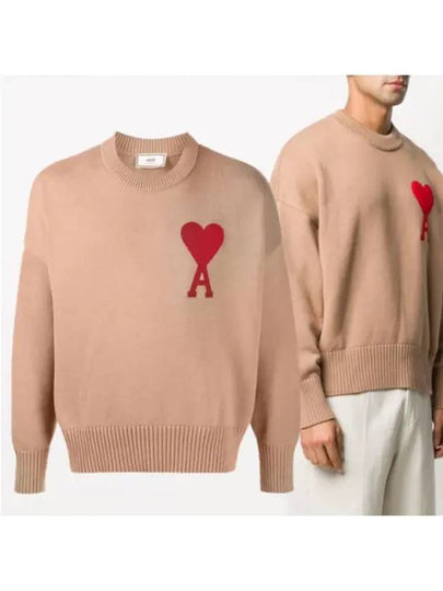 Men's Big Heart Embroidered Logo Knit Top Beige - AMI - BALAAN 2