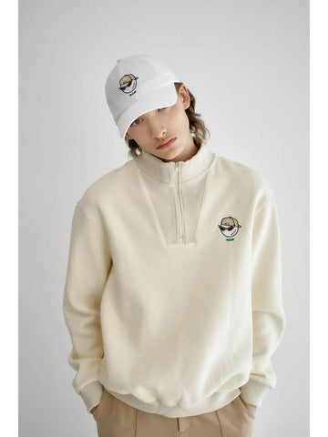 Swag Ball Half Zip Up Brushed Sweatshirt Cream - GOXO - BALAAN 1