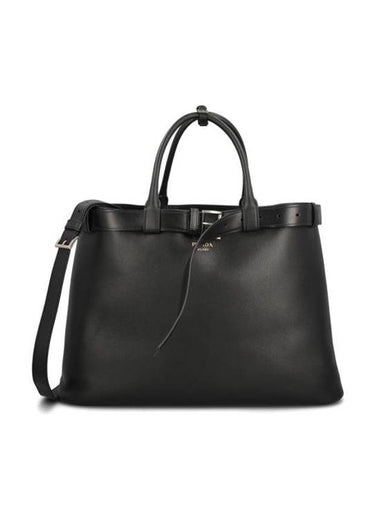 Buckle Belted Leather Tote Bag Black - PRADA - BALAAN 1