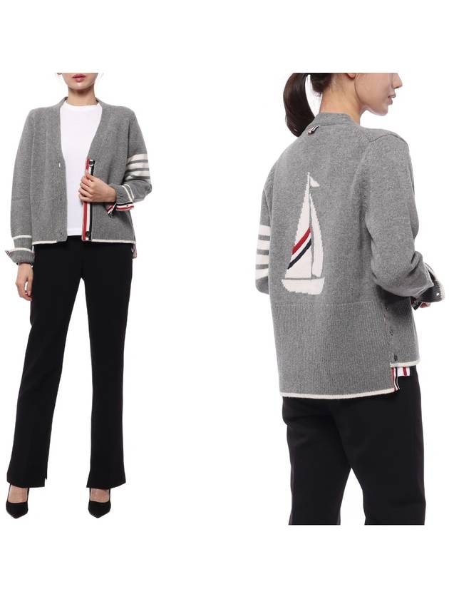 Women's Fine Merino Jersey Sailboat 4 Bar Boxy V Neck Cardigan Light Grey - THOM BROWNE - BALAAN 2