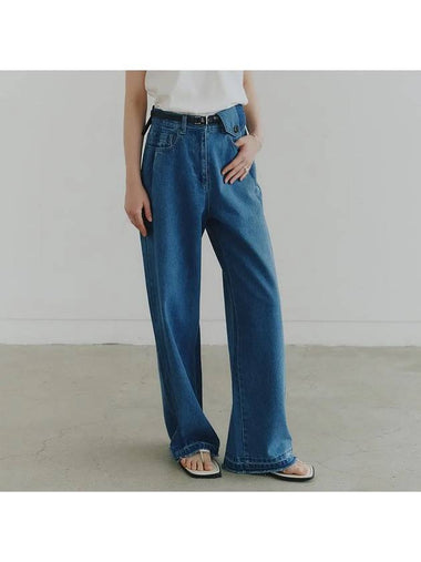 Contrast Double Washing Denim Wide Pants Blue - NOIRER FOR WOMEN - BALAAN 1