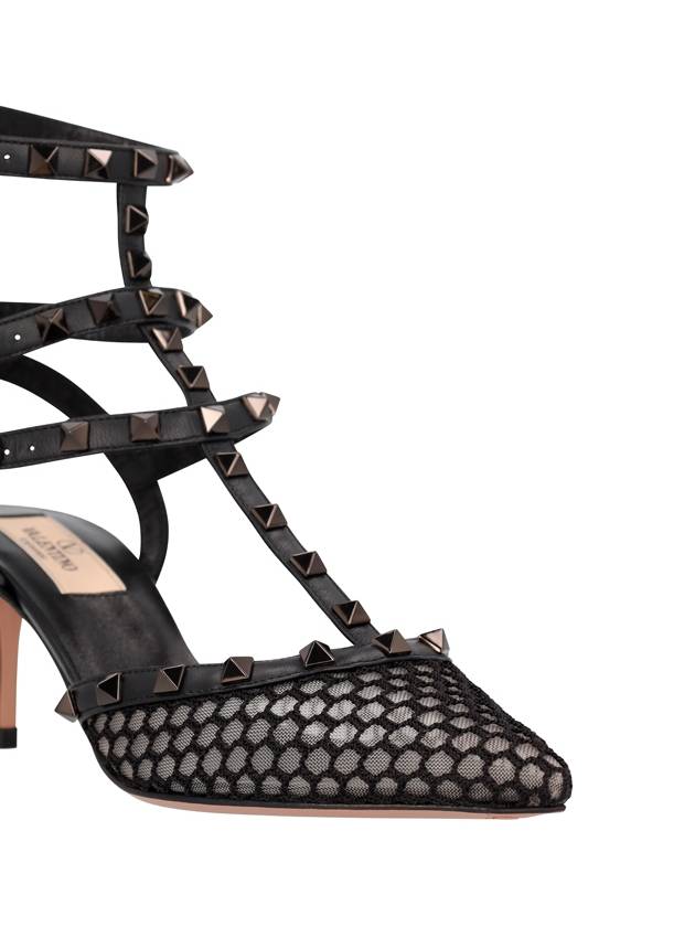 Mesh Rock Stud Leather Sandal Heels Black - VALENTINO - BALAAN 5