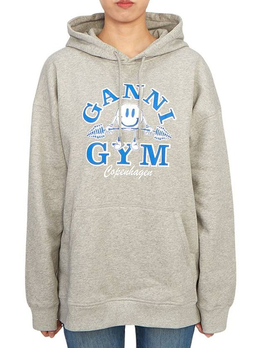 Gym GYM Logo Oversized Hooded Top Gray - GANNI - BALAAN.