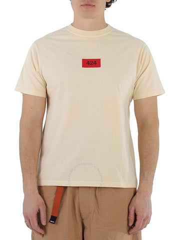 424 Men's Box Logo Embroidered T-Shirt in Cream, Size X-Small - 424 - BALAAN 1