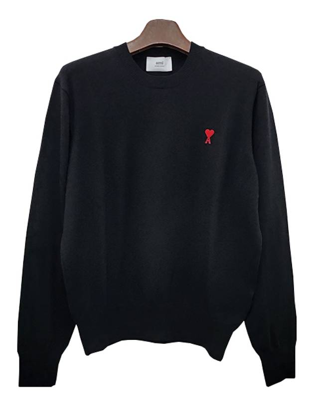 Heart Embroidered Logo Crew Neck Knit Top Black - AMI - BALAAN 3