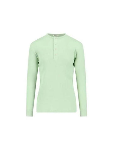 Men s T shirt Sweatshirt Rib Henry Neck Cotton Long Sleeve Top A24SP01OT LIGHT GREEN - AURALEE - BALAAN 1