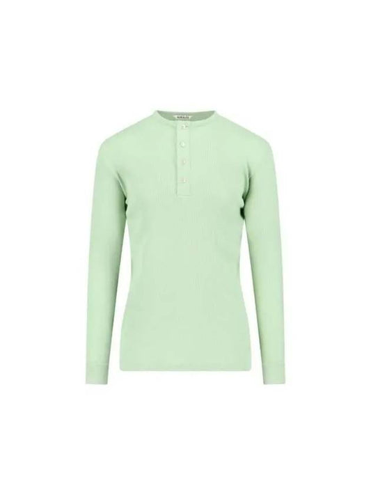 Men s T shirt Sweatshirt Rib Henry Neck Cotton Long Sleeve Top A24SP01OT LIGHT GREEN - AURALEE - BALAAN 1