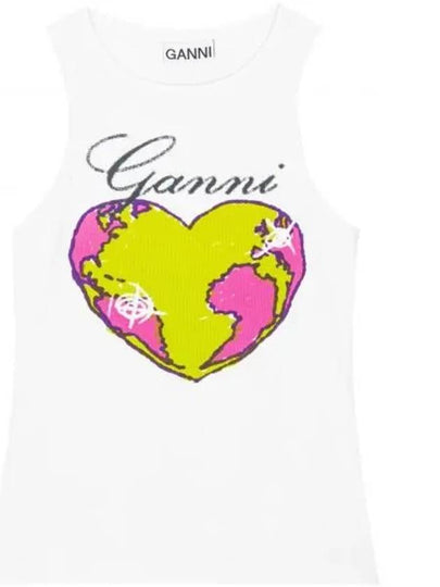 Graphic Rib Heart Tank Cotton Sleeveless White - GANNI - BALAAN 2