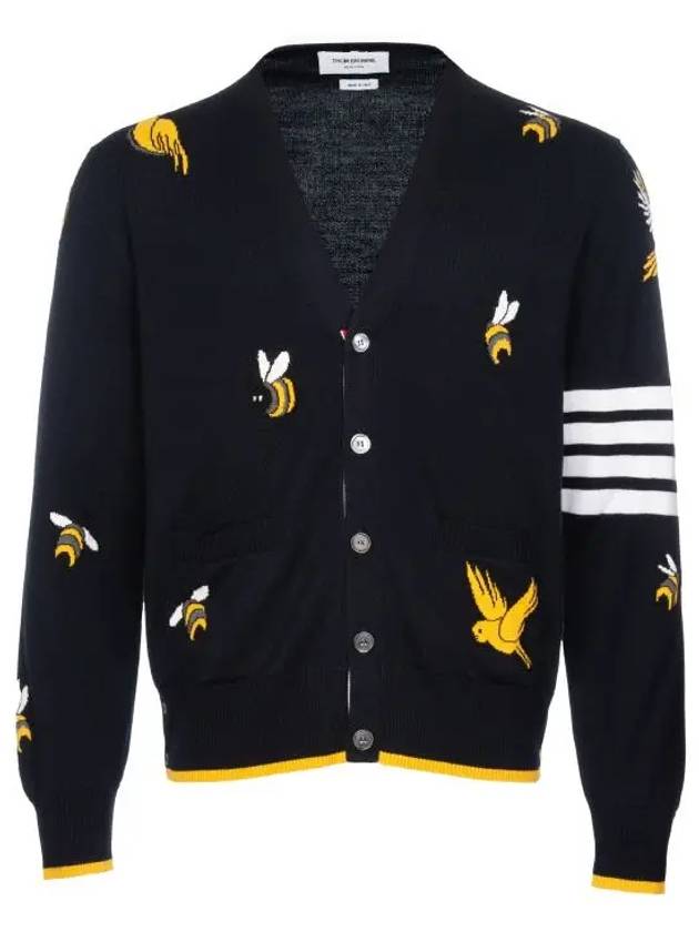 Men's Merino Bird Bee 4 Bar V-Neck Merino Cotton Cardigan Navy - THOM BROWNE - BALAAN 2