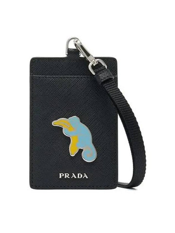 Monkey Neck Strap Saffiano Leather Card Wallet Black - PRADA - BALAAN 1