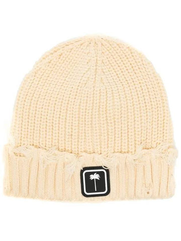 Logo Patch Fraided Edge Beanie Beige - PALM ANGELS - BALAAN.