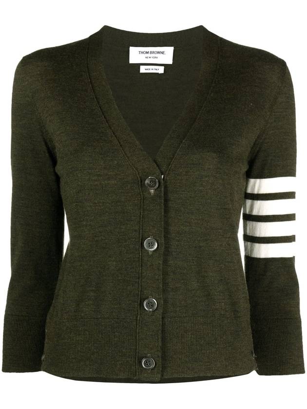 Sustainable Fine Merino Wool 4-Bar Relaxed Fit V-Neck Cardigan Dark Green - THOM BROWNE - BALAAN 2