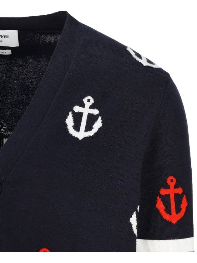 Anchor Intarsia 4-Bar V-Neck Cardigan Navy - THOM BROWNE - BALAAN 3