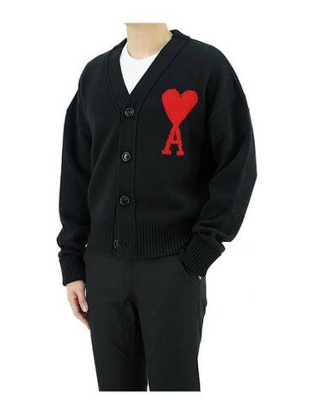 Intarsia Big Heart Logo Oversized Virgin Wool Cardigan Black - AMI - BALAAN 5