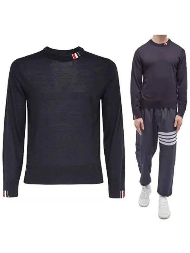 Intarsia Stitch Crew Neck Merino Wool Knit Top Navy - THOM BROWNE - BALAAN 2