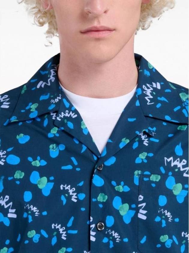 Print Cotton Short Sleeve Shirt Blue - MARNI - BALAAN 3