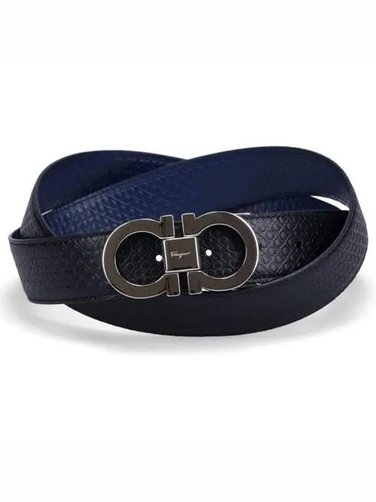 Double Gancini Reversible Leather Belt Black Fiore Blue - SALVATORE FERRAGAMO - BALAAN 2