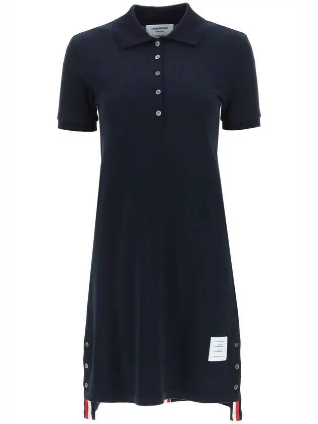 Classic Cotton Pique Center Back Stripe A-Line Short Sleeve Polo Short Dress Navy - THOM BROWNE - BALAAN 1