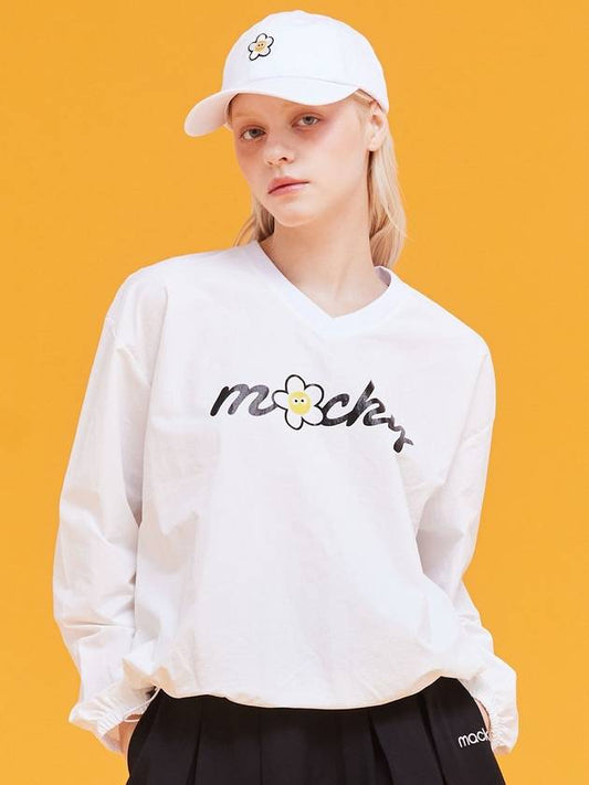 Women s Long Sleeve T Shirt V Neck Logo String Anorak White MCFW24AR1WH - MACKY - BALAAN 1