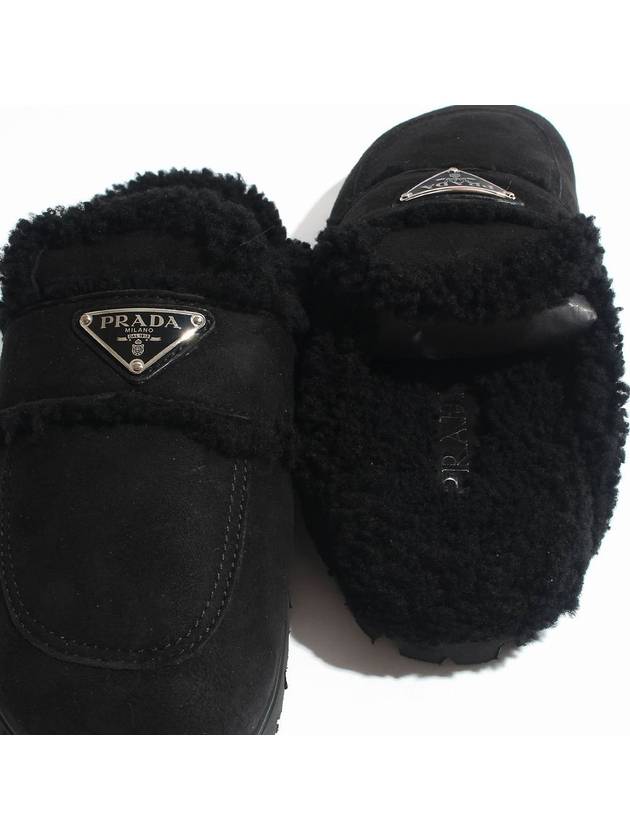 Women's Triangle Logo Shearling Lining Slippers Black - PRADA - BALAAN 4