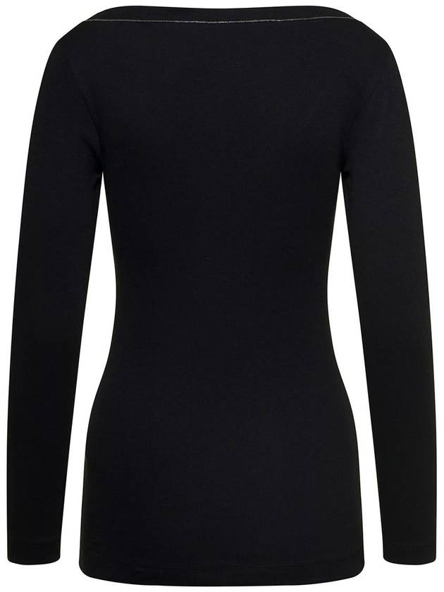 Shiny Cotton V-neck Long Sleeve T-Shirt Black - BRUNELLO CUCINELLI - BALAAN 3