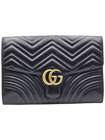 Gucci 498079 Black Matelasse Chevron Leather GG Marmont Gold Clutch - GUCCI - BALAAN 1