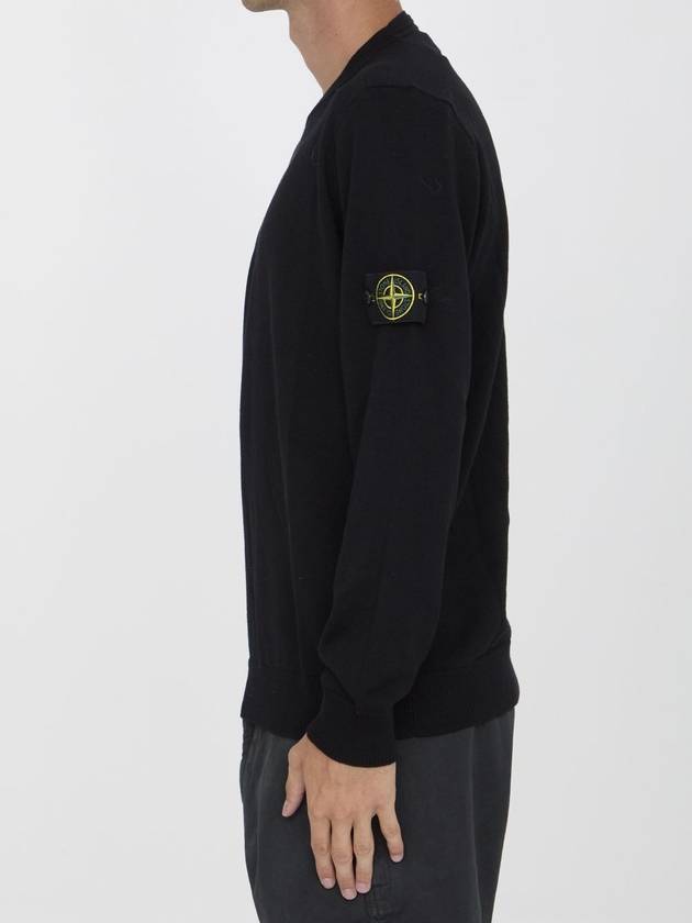 Logo Patch Crewneck Virgin Wool Knit Top Black - STONE ISLAND - BALAAN 4