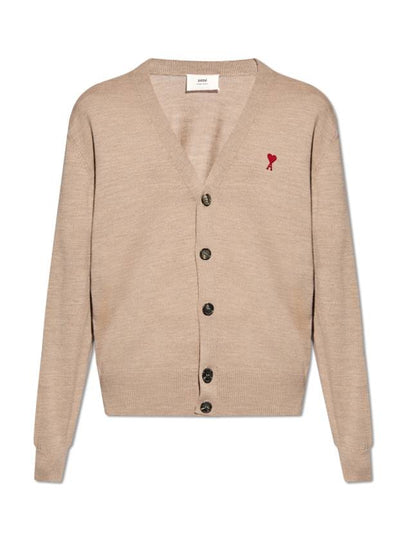 Red Heart Logo Merino Wool Cardigan Beige - AMI - BALAAN 2