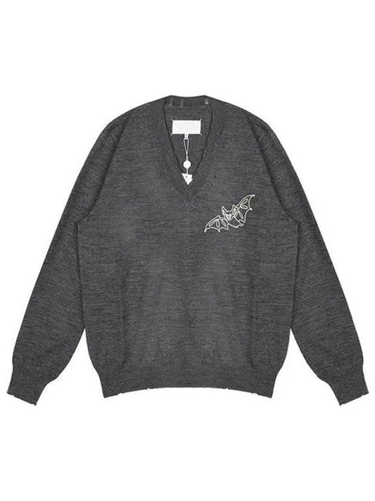 Bat Embroidered V-neck Wool Knit Top Dark Grey - MAISON MARGIELA - BALAAN 2