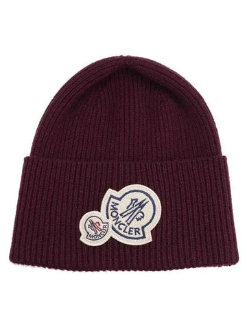 Logo Patch Beanie Burgundy - MONCLER - BALAAN.