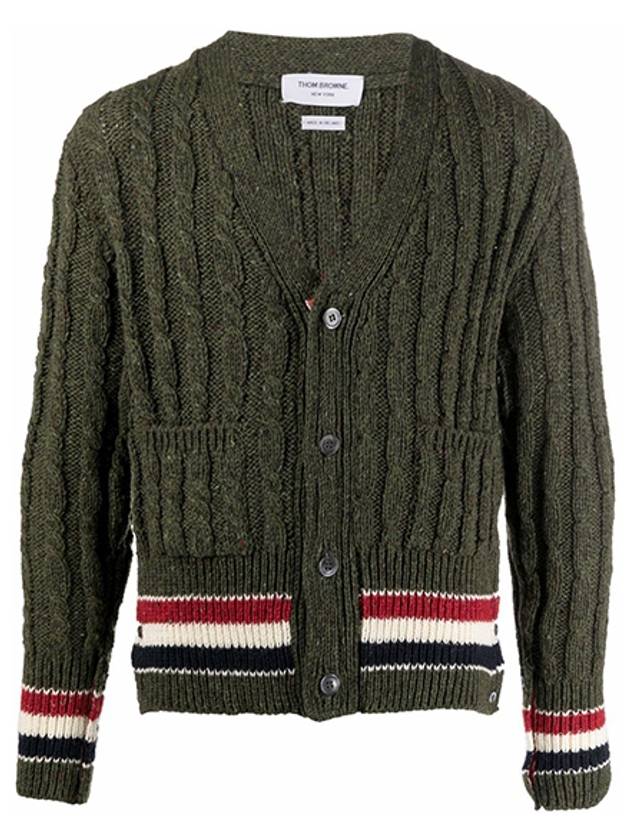 Men's Mix Cable V-Neck Classic Fit Cardigan Dark Green - THOM BROWNE - BALAAN.