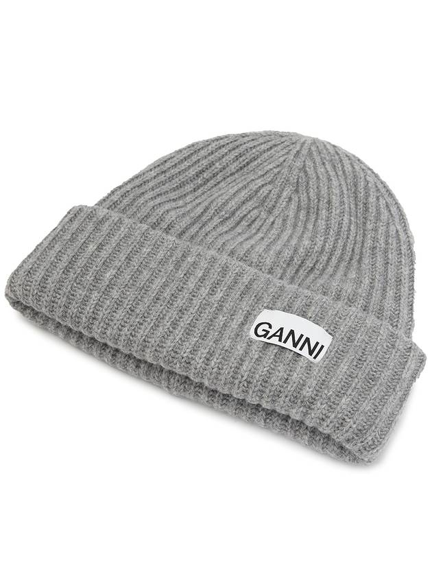 Logo Patch Knit Beanie Grey - GANNI - BALAAN 4