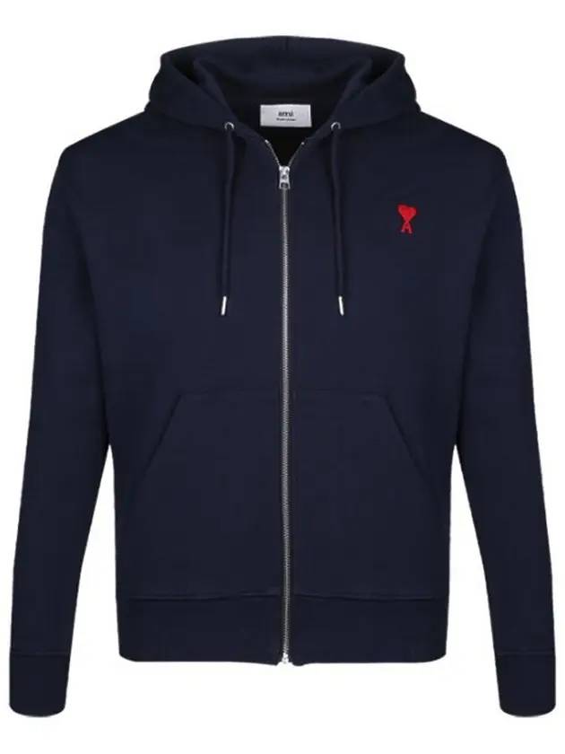 Men's Heart Logo Hooded Zip-up Navy - AMI - BALAAN.