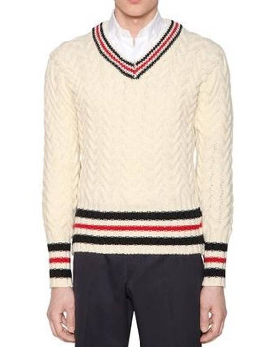 Men's V-neck Wool Knit Top Offwhite - THOM BROWNE - BALAAN 2