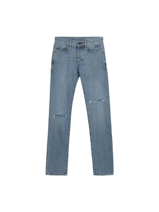 Destroyed Embroidered Logo Jeans Blue - SAINT LAURENT - BALAAN 1