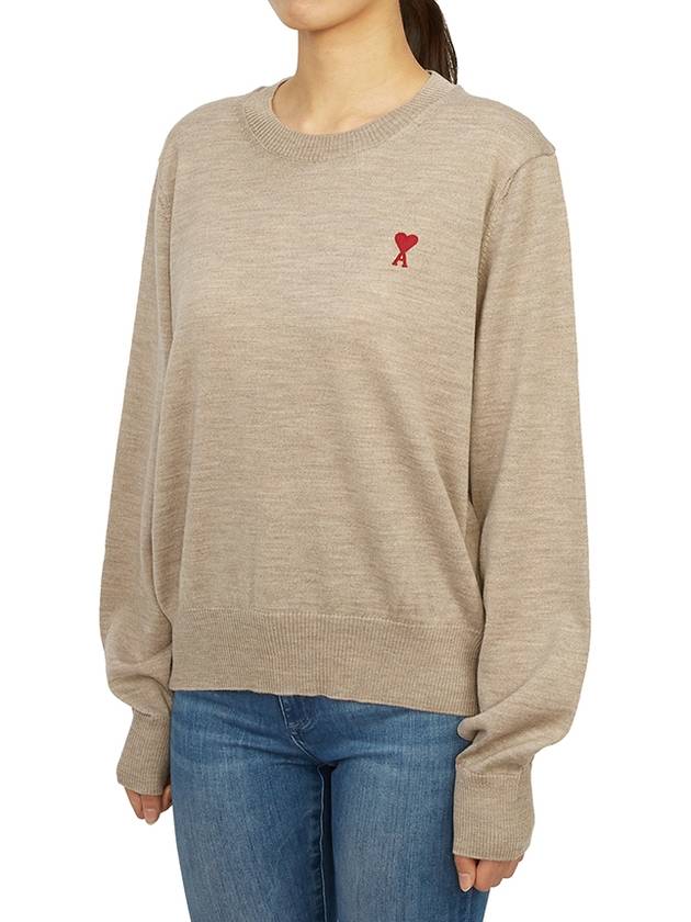 Heart Logo Crew Neck Merino Wool Knit Top Champagne - AMI - BALAAN 3