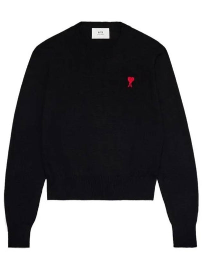 Heart Embroidered Logo Crew Neck Knit Top Black - AMI - BALAAN 2