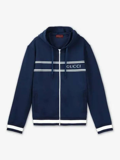 Logo Stripe Print Zip Up Hoodie Midnight Blue - GUCCI - BALAAN 2