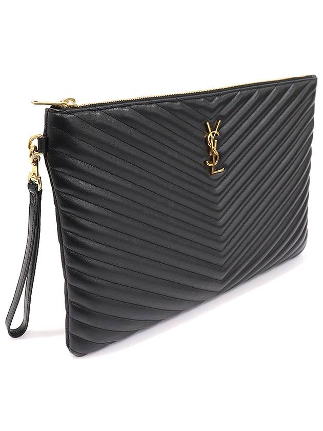 440222 Black Matelasse Monogram Document Holder Strap Clutch - SAINT LAURENT - BALAAN 3