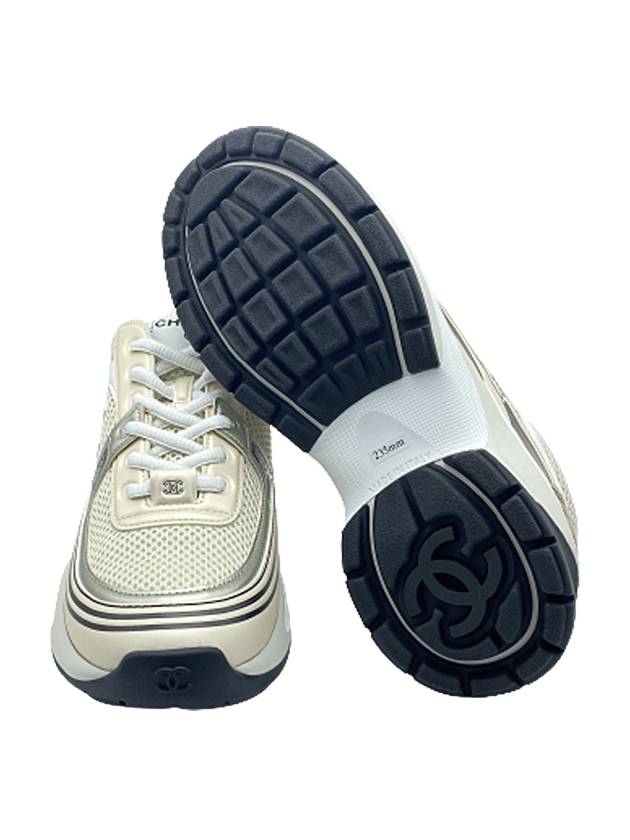 Women CC Logo Fabric Laminated Low Top Sneakers Silver Ivory - CHANEL - BALAAN 8