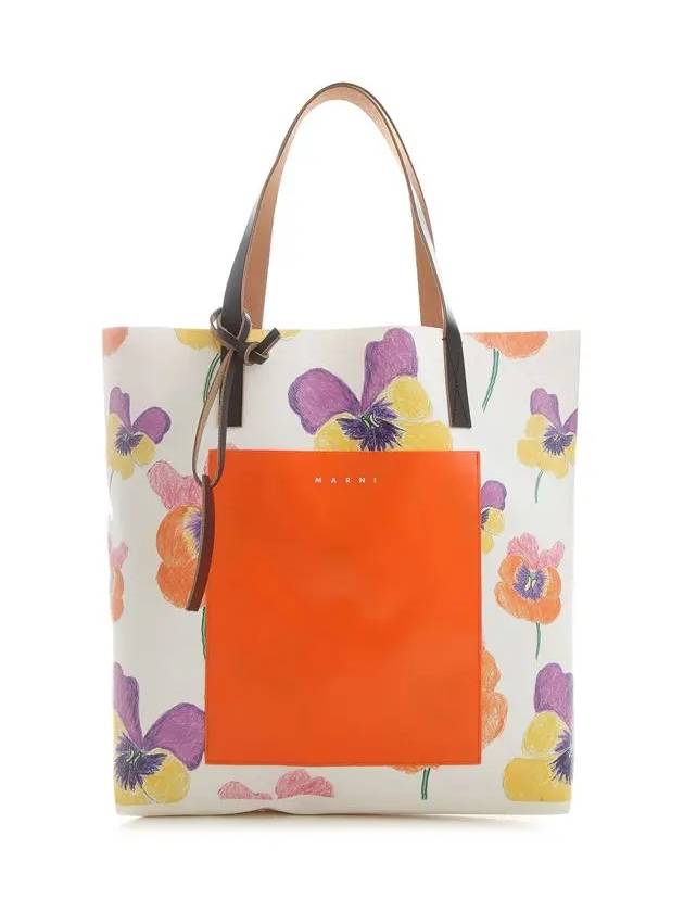 Flower Print Two-Tone Logo Shopper Tote Bag Orange - MARNI - BALAAN 2