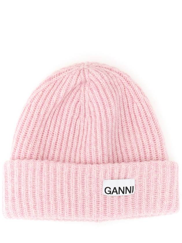 Logo Patch Knit Beanie Pink - GANNI - BALAAN 3