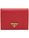 women's gold triangle logo saffiano bifold wallet red - PRADA - BALAAN.