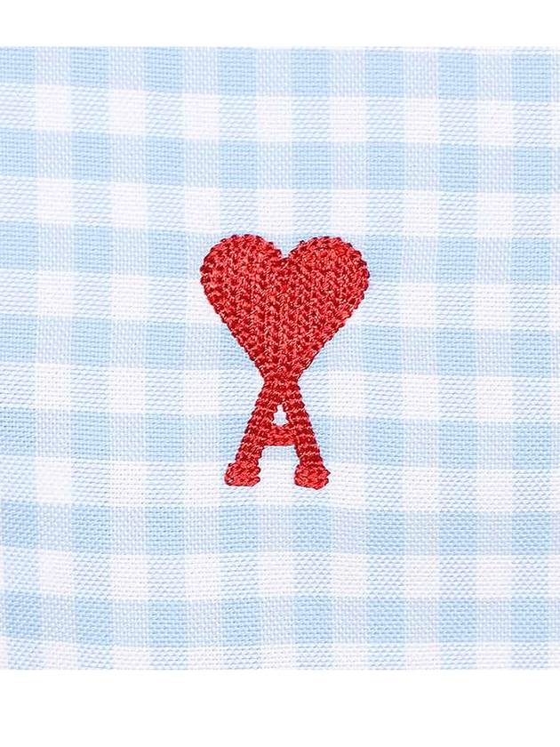 Small Heart Logo Gingham Button Long Sleeves Shirt Sky Blue - AMI - BALAAN 6