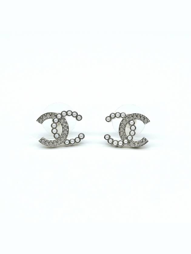 CC Logo Pearl Crystal Earrings Silver - CHANEL - BALAAN 3