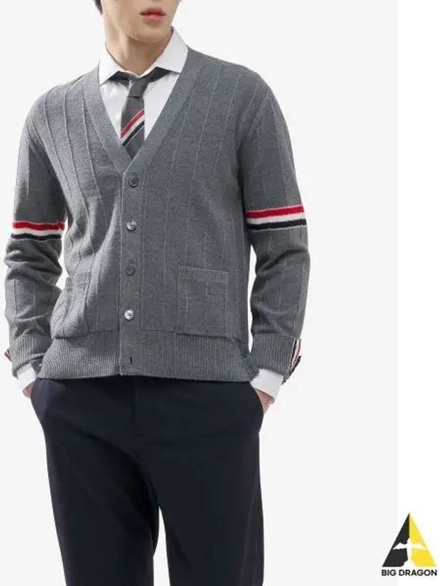 RWB V-neck Striped Virgin Wool Cardigan Grey - THOM BROWNE - BALAAN 2