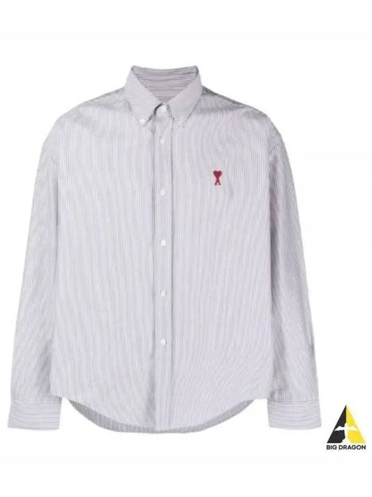 Heart Logo Stripe Oversized Fit Long Sleeve Shirt White - AMI - BALAAN 2