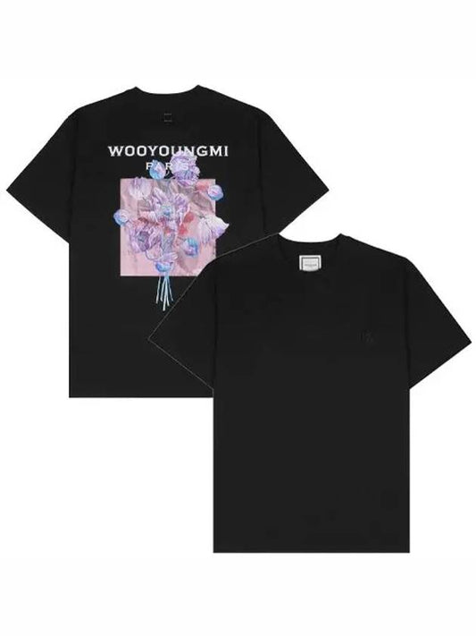 3D Flower Back Logo Round Short Sleeve T-Shirt Black - WOOYOUNGMI - BALAAN 2