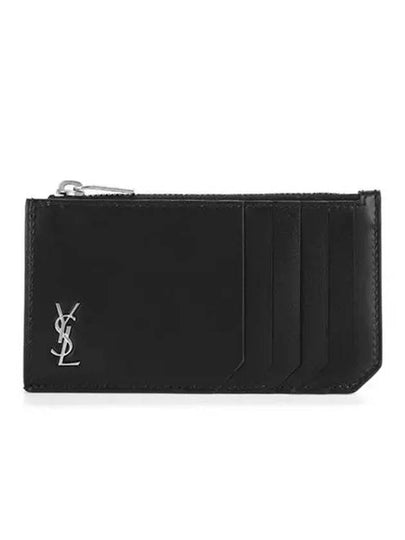 Tiny Cassandre Fragments Silver Hardware Leather Zipper Card Wallet Black - SAINT LAURENT - BALAAN 2